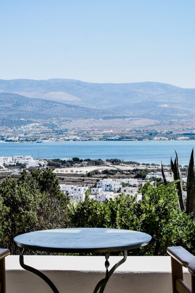 Relaxing view of Antiparos, Greece from a luxurious balcony setting.